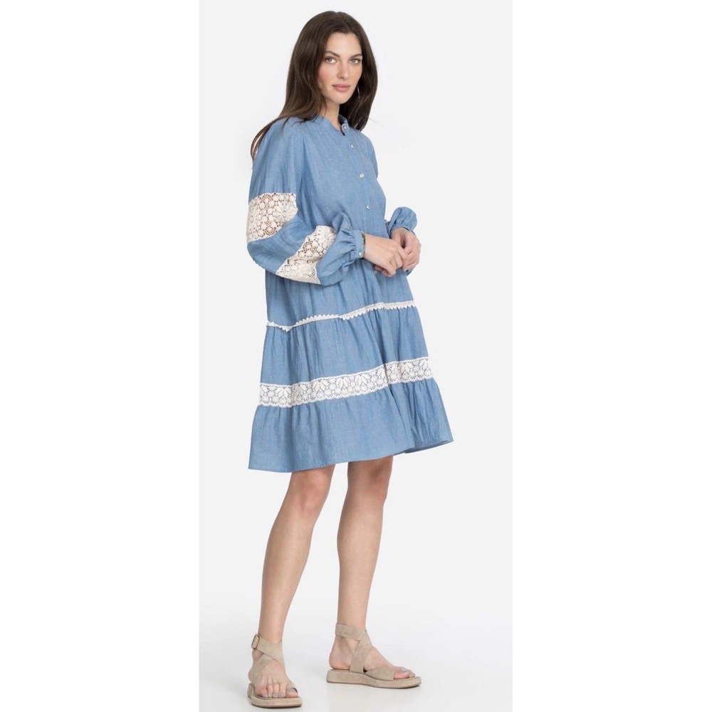 Johnny Was Jade Laguna Pieced Mini Dress Cotton Linen Denim Lace Tiered Boho L